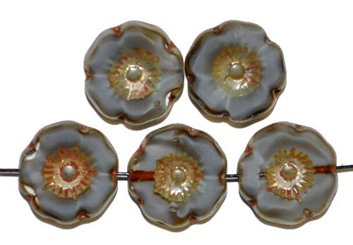Glasperlen / Table Cut Beads 
 Perlettglas grau, 
 Blüten geschliffen mit picasso finish,
 hergestellt in Gablonz / Tschechien